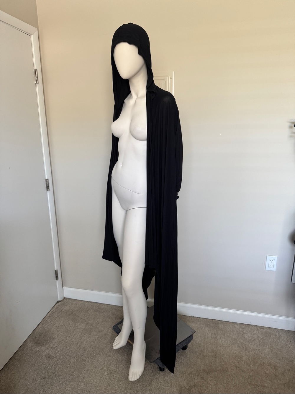 Lightweight Hooded Drape Long Cardigan Jacket- Black